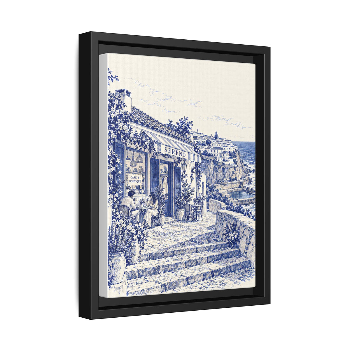 Sereno by Café Vivere - Azenhas do Mar Coastal Blue Ink Matte Canvas Print, Framed (Multi-color)