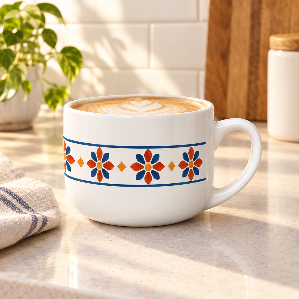 Vivere Ceramic Latte Mug — 25oz Sereno Retro Floral Border Design
