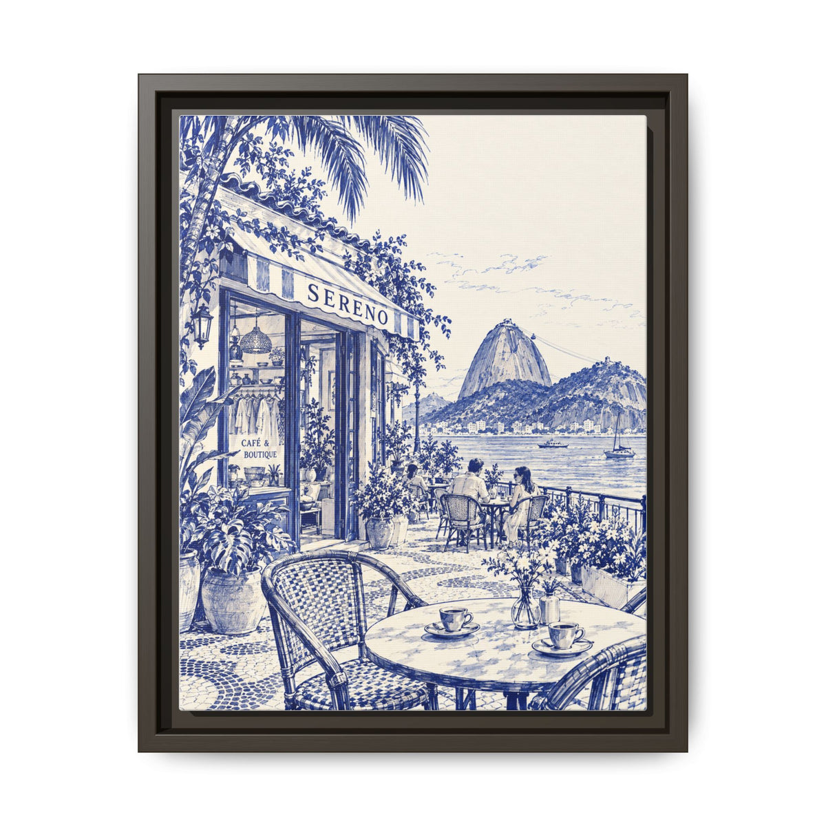 Sereno by Café Vivere - Rio de Janeiro Coast Blue Ink Matte Canvas Print, Framed (Multi-color)