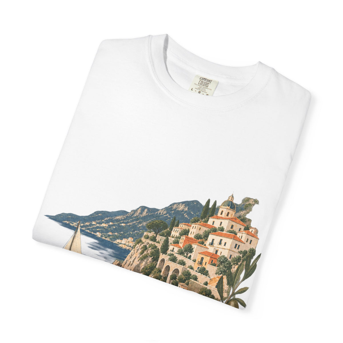 Coastal Italia T-Shirt — Café Vivere Amalfi Cliffside Sailboat Design