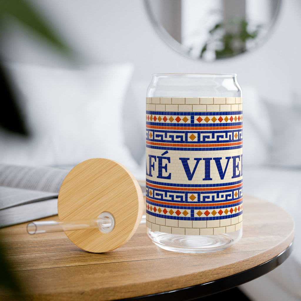 Café Vivere 16oz Sipper Glass – Ceramic Tile Mosaic Coffee Tumbler with Bamboo Lid & Straw