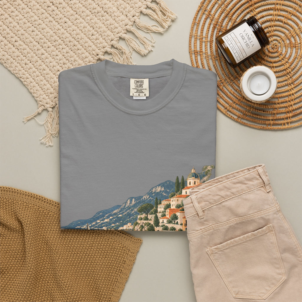 Coastal Italia T-Shirt — Café Vivere Amalfi Cliffside Sailboat Design