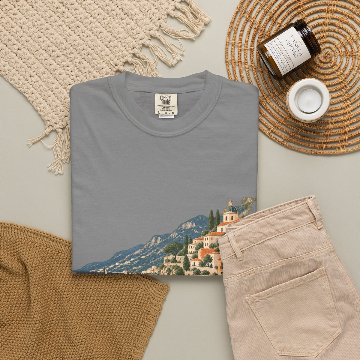 Coastal Italia T-Shirt — Café Vivere Amalfi Cliffside Sailboat Design