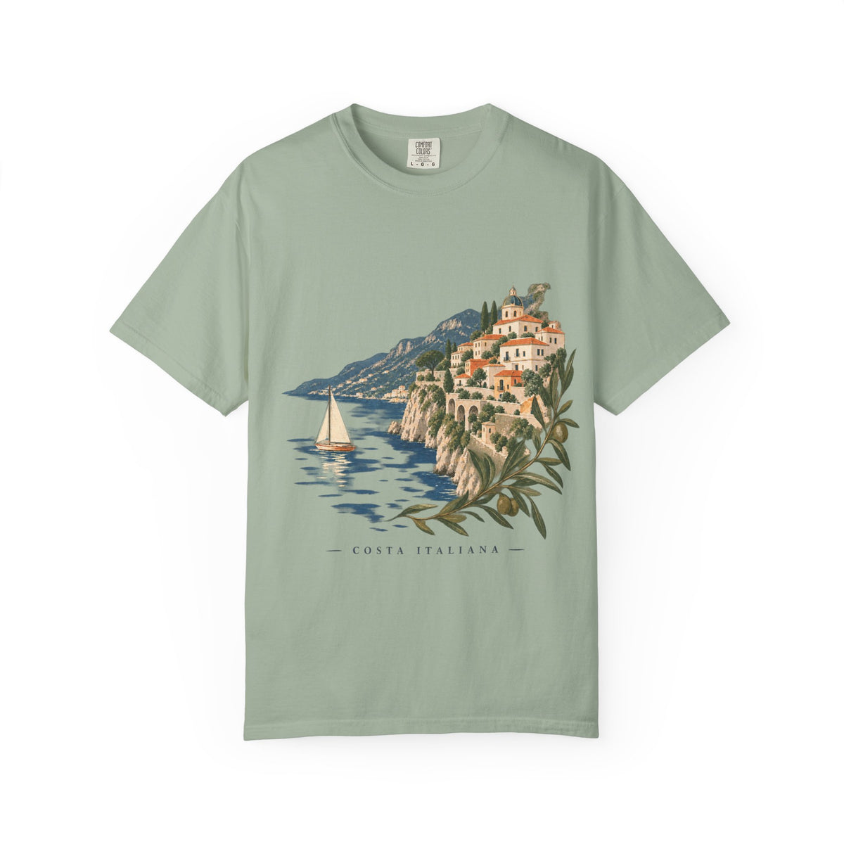 Coastal Italia T-Shirt — Café Vivere Amalfi Cliffside Sailboat Design