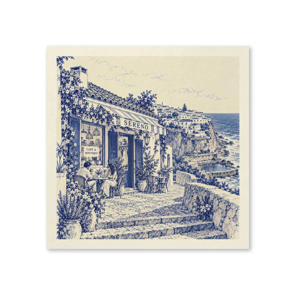 Azenhas do Mar Boutique Café Cocktail Napkins — Sereno by Café Vivere Blue Bistro Coastal Scene