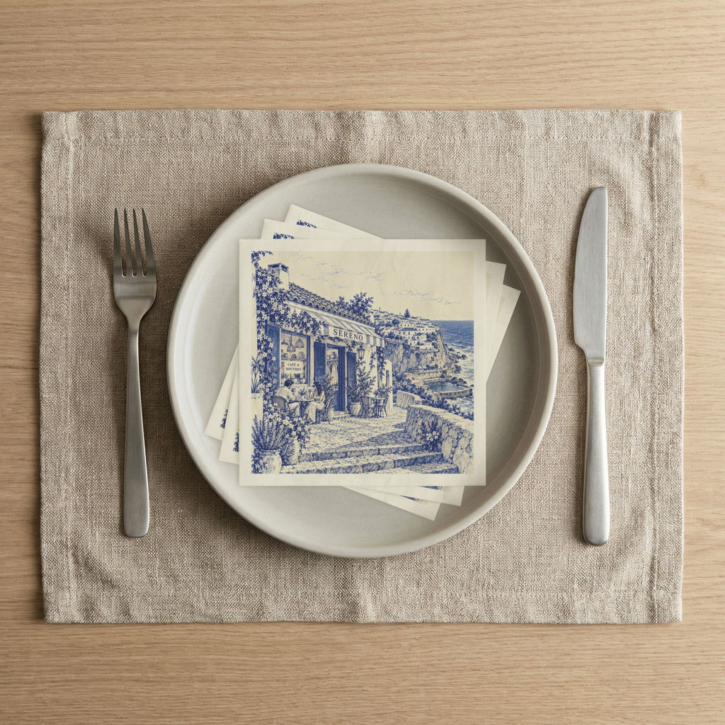 Azenhas do Mar Boutique Café Cocktail Napkins — Sereno by Café Vivere Blue Bistro Coastal Scene