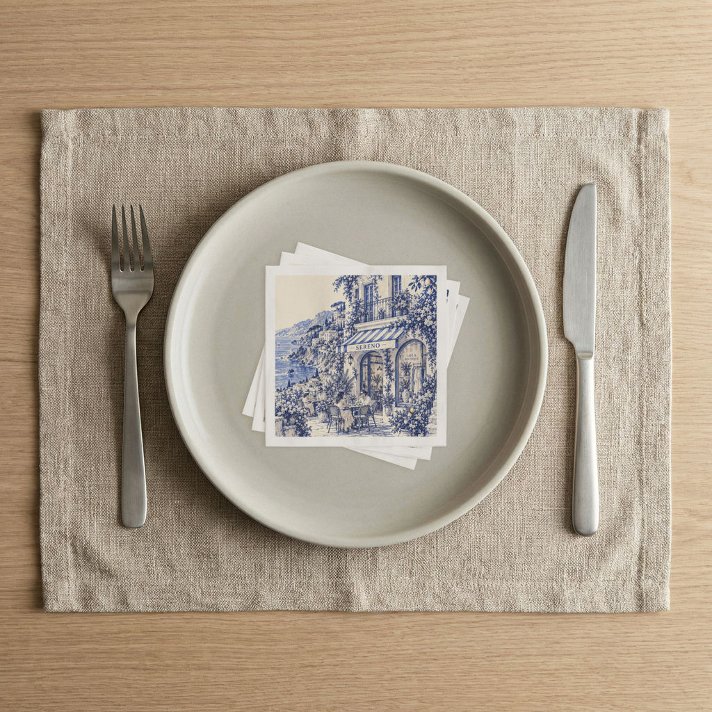 Amalfi Coast Boutique Café Cocktail Napkins — Sereno by Café Vivere Blue Bistro Coastal Scene
