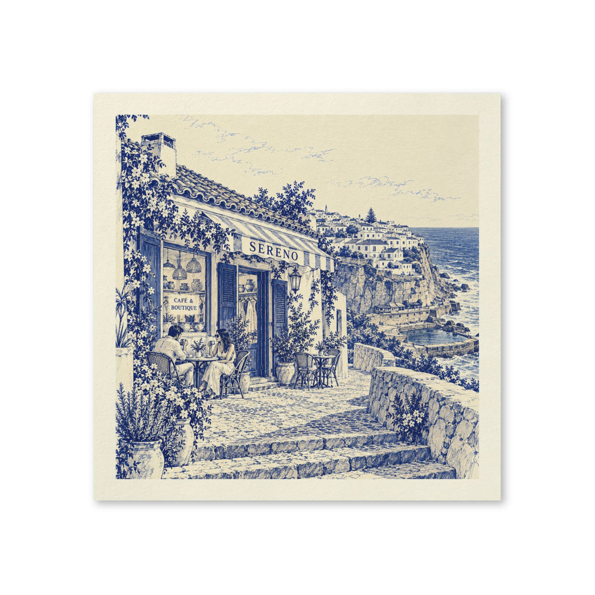 Azenhas do Mar Boutique Café Cocktail Napkins — Sereno by Café Vivere Blue Bistro Coastal Scene