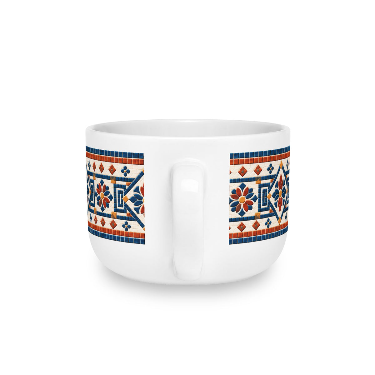 25oz Ceramic Latte Mug — Blue & Terracotta Cafe Vivere Mosaic Border