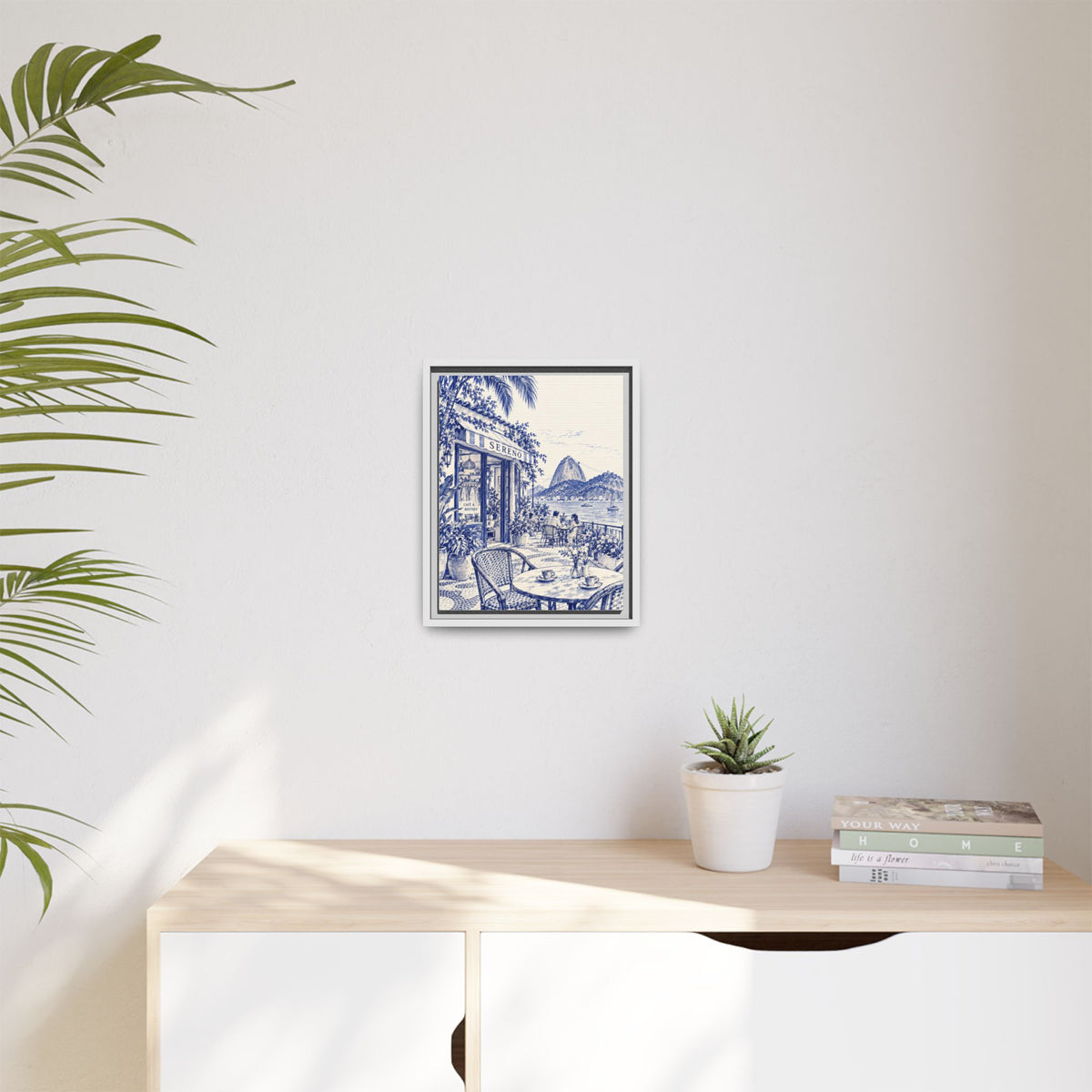 Sereno by Café Vivere - Rio de Janeiro Coast Blue Ink Matte Canvas Print, Framed (Multi-color)