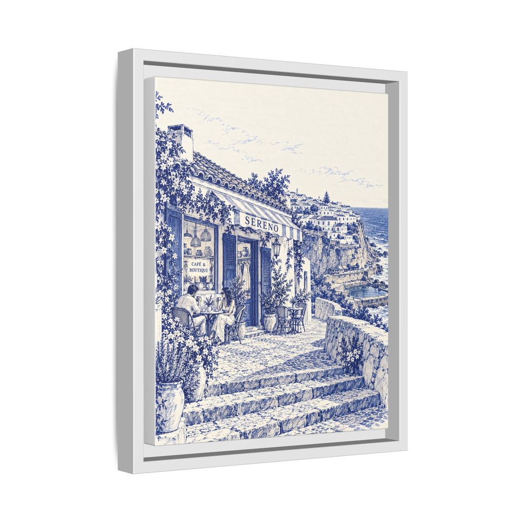 Sereno by Café Vivere - Azenhas do Mar Coastal Blue Ink Matte Canvas Print, Framed (Multi-color)