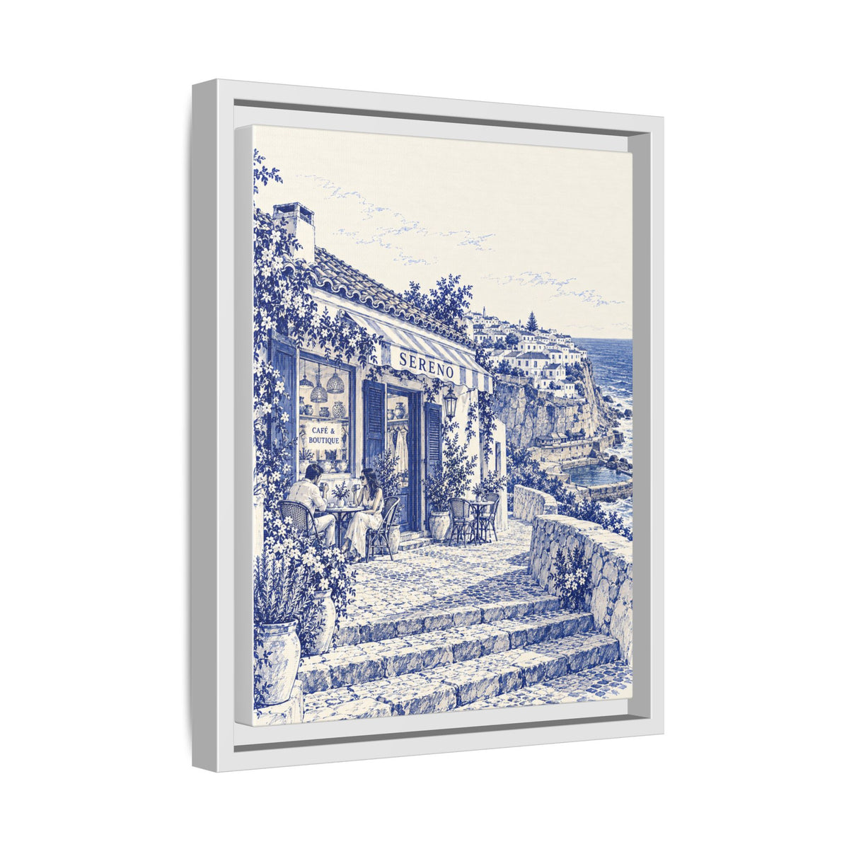 Sereno by Café Vivere - Azenhas do Mar Coastal Blue Ink Matte Canvas Print, Framed (Multi-color)