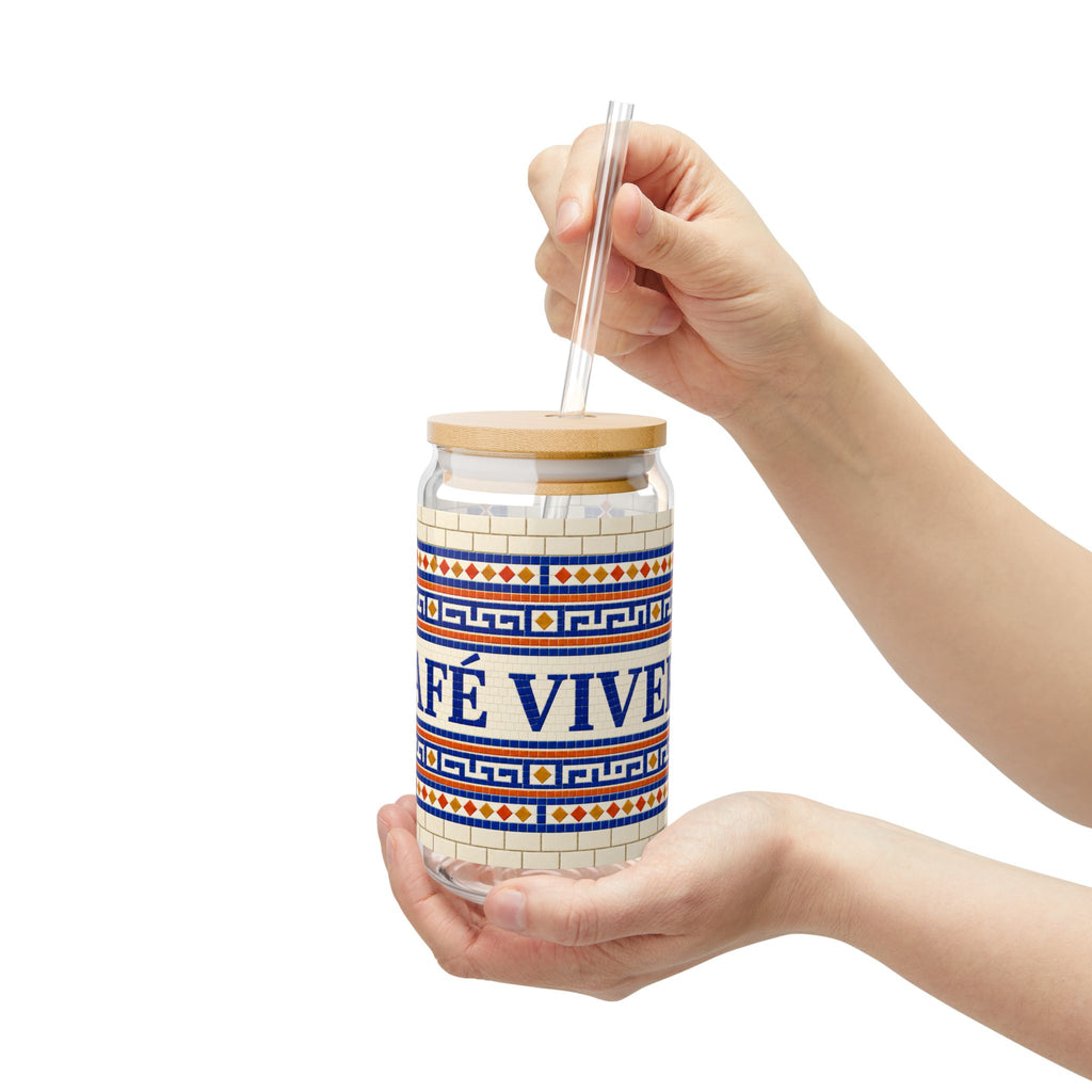 Café Vivere 16oz Sipper Glass – Ceramic Tile Mosaic Coffee Tumbler with Bamboo Lid & Straw