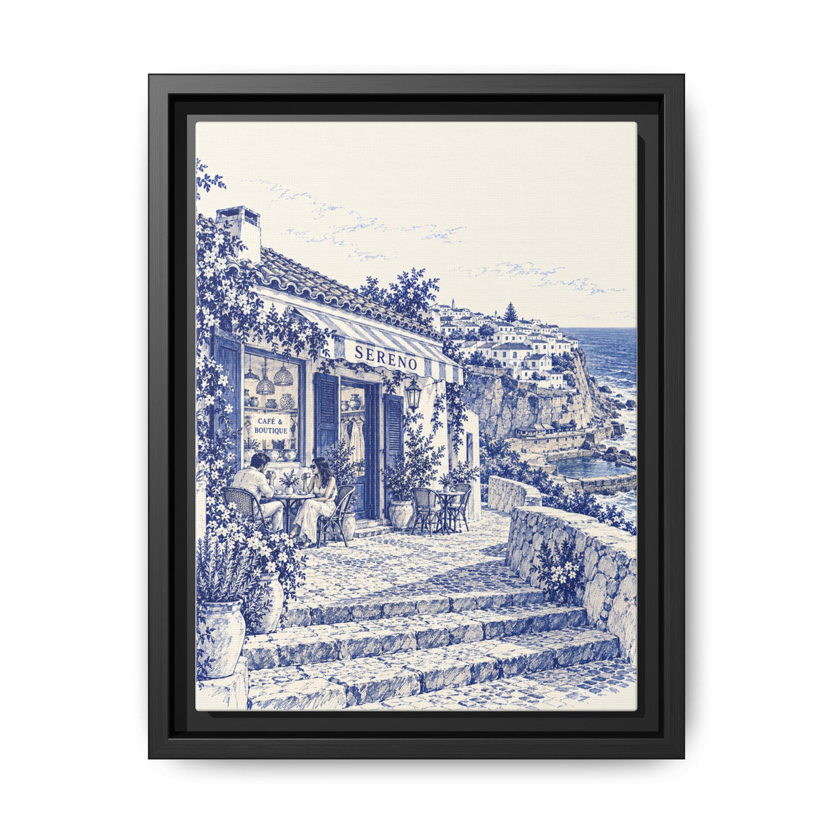 Sereno by Café Vivere - Azenhas do Mar Coastal Blue Ink Matte Canvas Print, Framed (Multi-color)