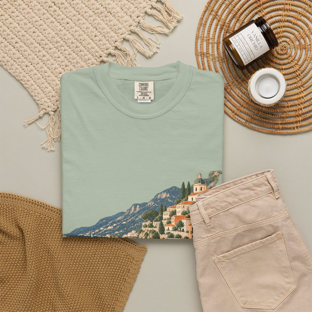 Coastal Italia T-Shirt — Café Vivere Amalfi Cliffside Sailboat Design
