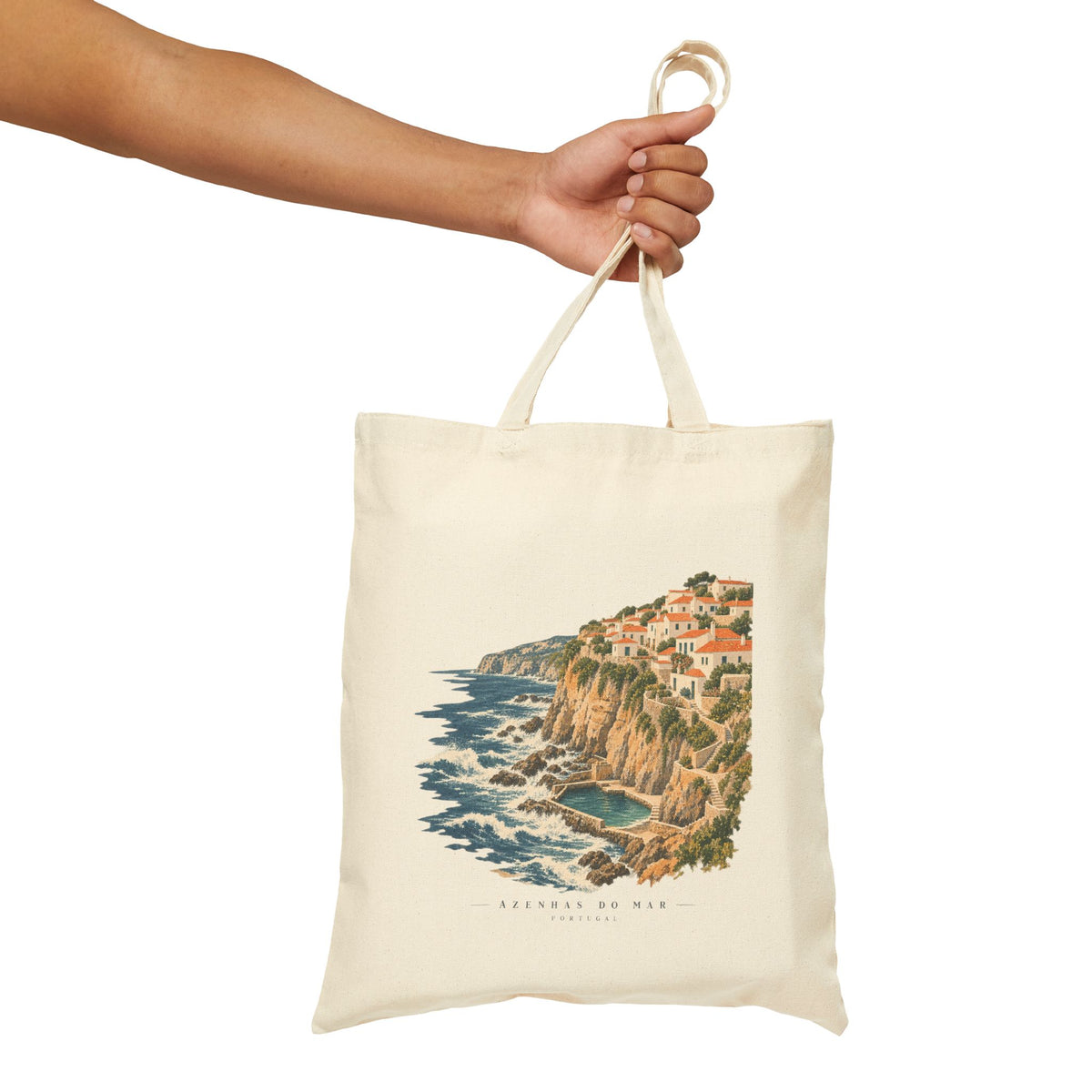 Sereno Seaside Cliffs Canvas Tote — Azenhas do Mar Portugal Illustrated Beach Town Bag