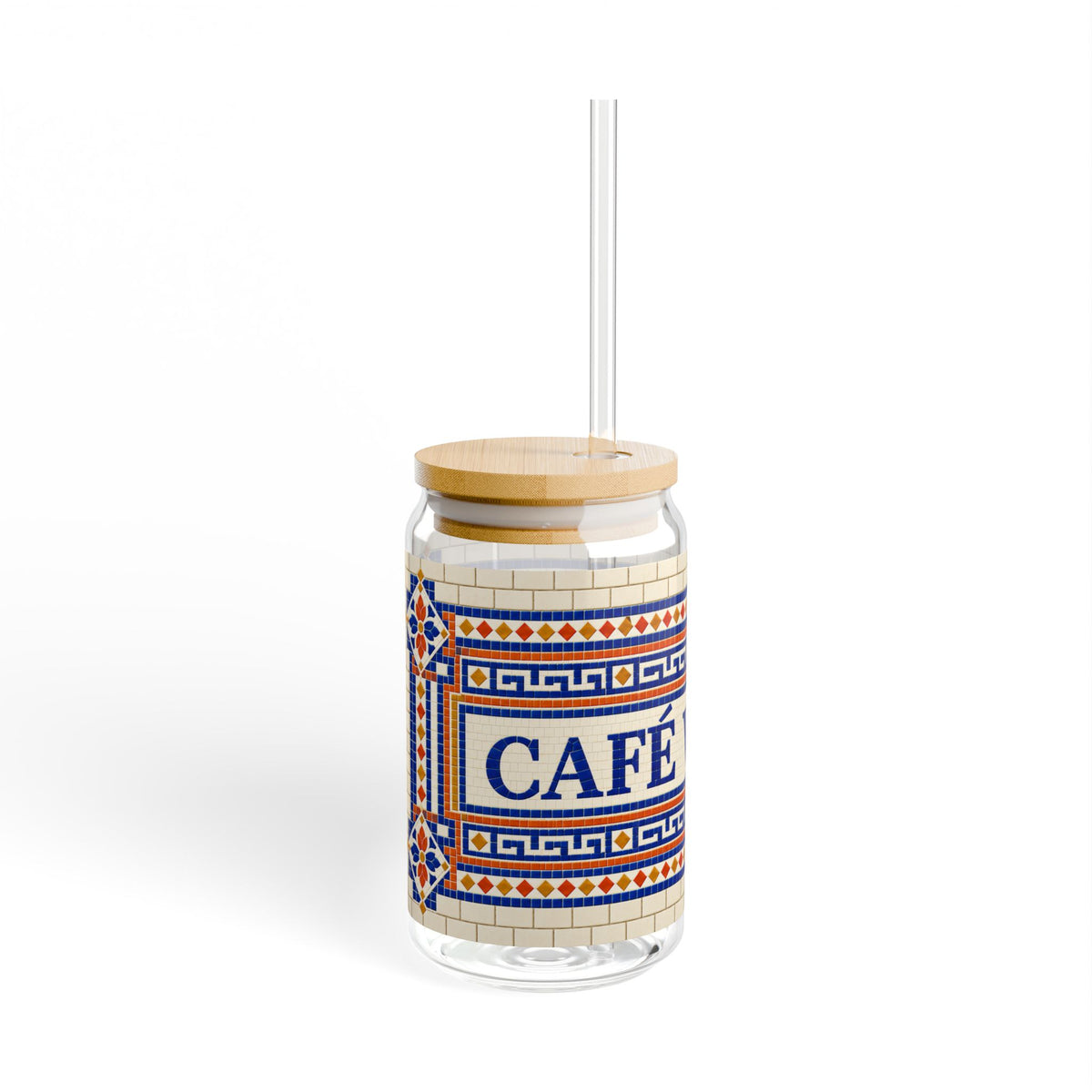 Café Vivere 16oz Sipper Glass – Ceramic Tile Mosaic Coffee Tumbler with Bamboo Lid & Straw