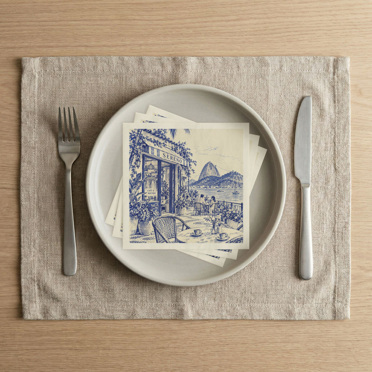 Rio de Janeiro Boutique Café Cocktail Napkins — Sereno by Café Vivere Blue Bistro Coastal Scene