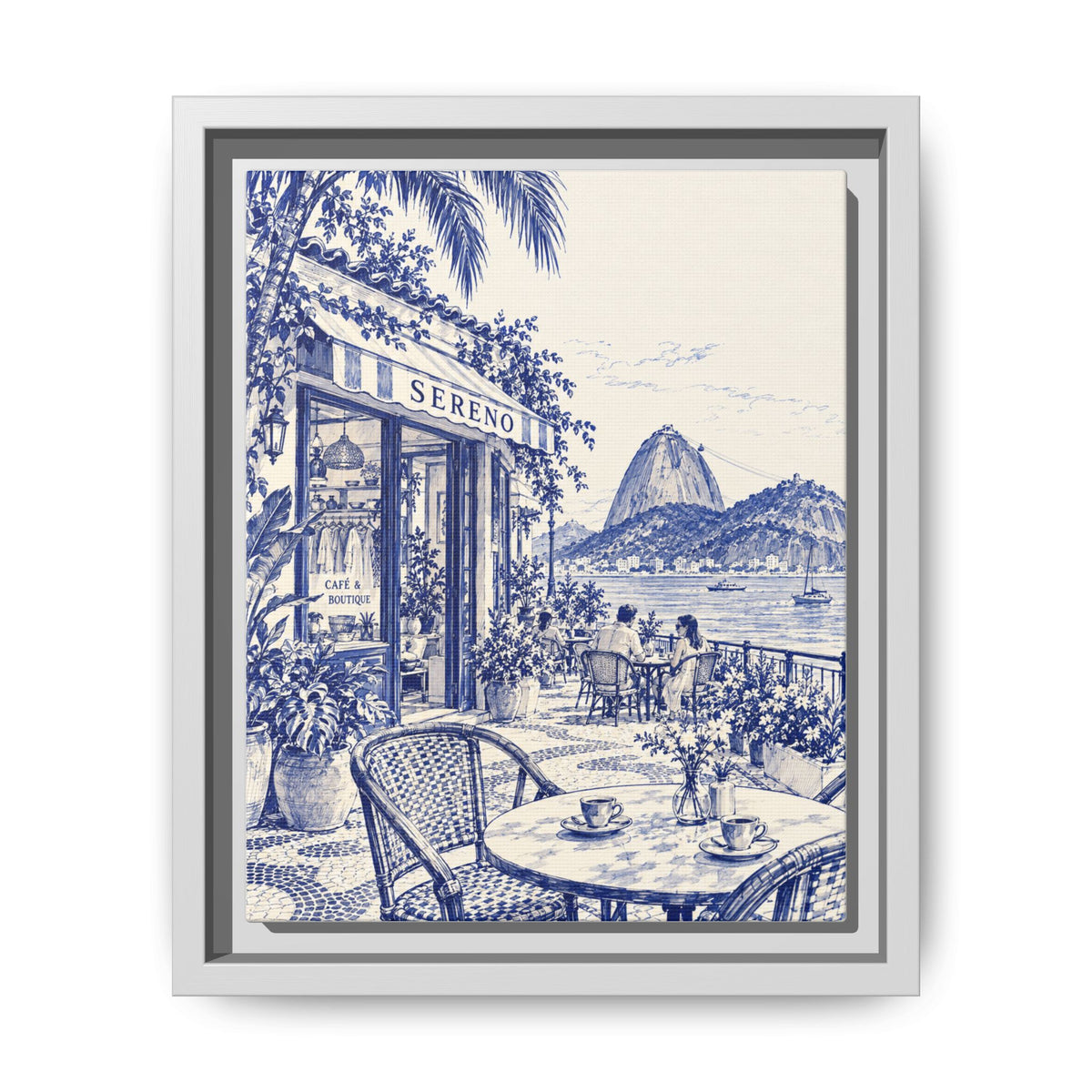 Sereno by Café Vivere - Rio de Janeiro Coast Blue Ink Matte Canvas Print, Framed (Multi-color)