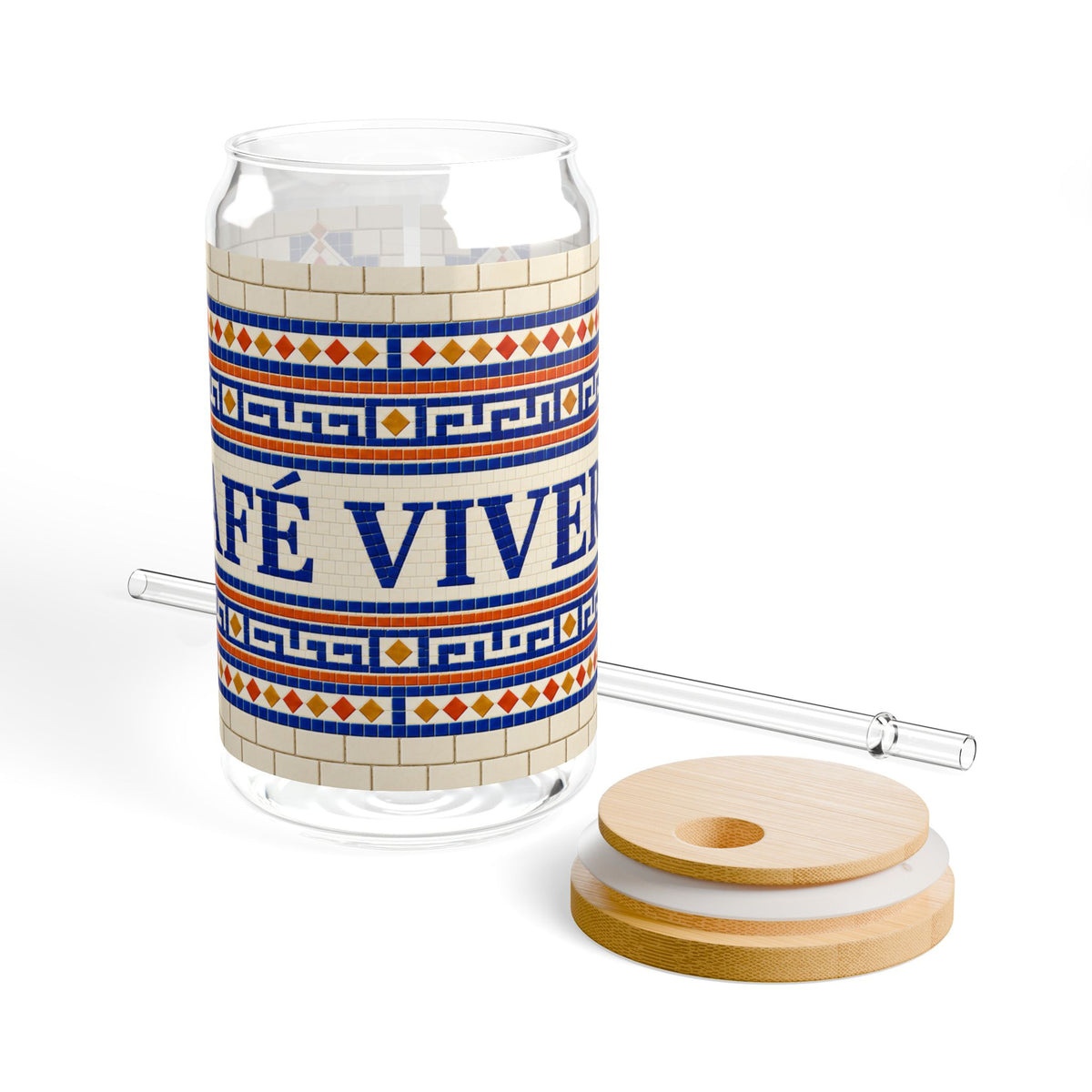 Café Vivere 16oz Sipper Glass – Ceramic Tile Mosaic Coffee Tumbler with Bamboo Lid & Straw